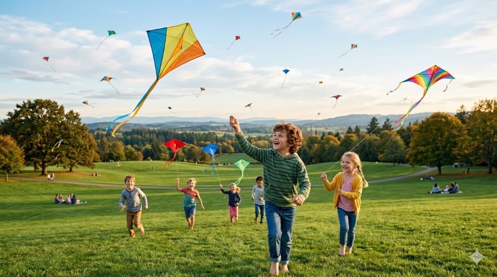 Enfants joyeux jouant dans un parc verdoyant avec des cerfs-volants colorés