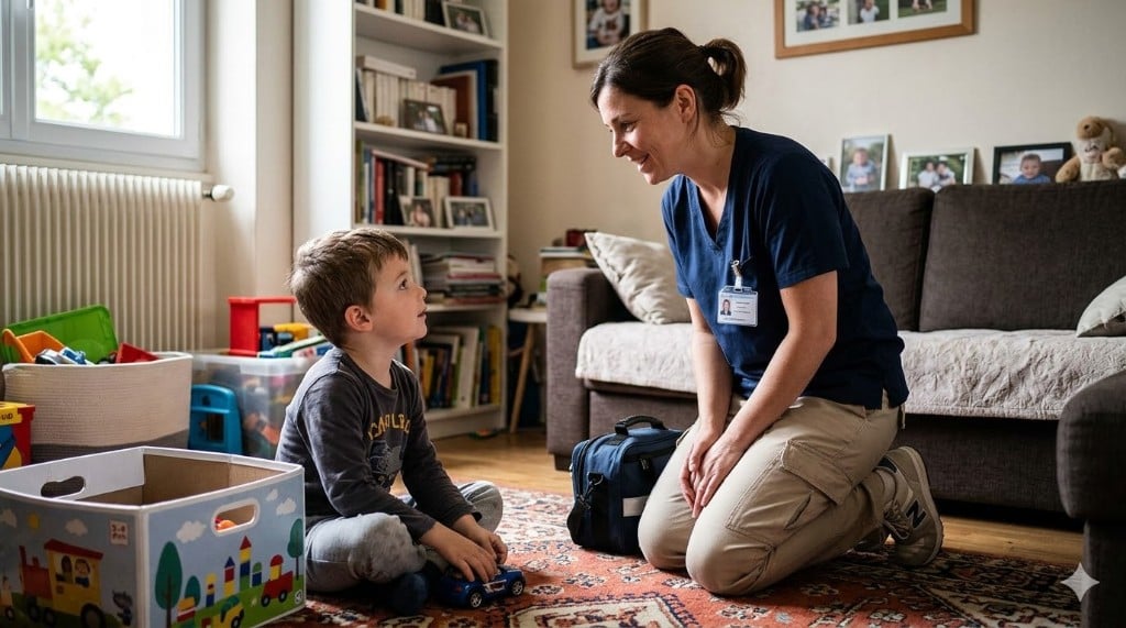 Infirmière à domicile accompagnant un enfant dans son environnement familier